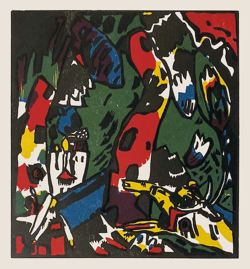 Immagine: Wassily Kandinsky,  Bogenschütze  1908-1909 , Farbholzschnitt auf Papier, 16,5 × 15,3 cm, Kunst Museum Winterthur, Legat Elsa Immer, 1975  